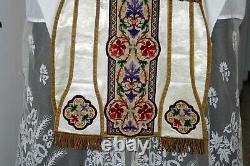 Chasuble Romaine de prêtre blanche complète soie brochée de fils d'argent XIXe