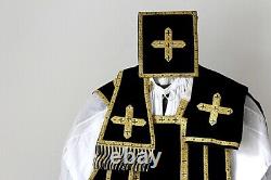 Chasuble Romaine de prêtre noire complète en velours de soie XIXe Siècle
