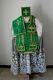 Chasuble romaine de prêtre complète en soie damassée verte broderie Cornély XIXe